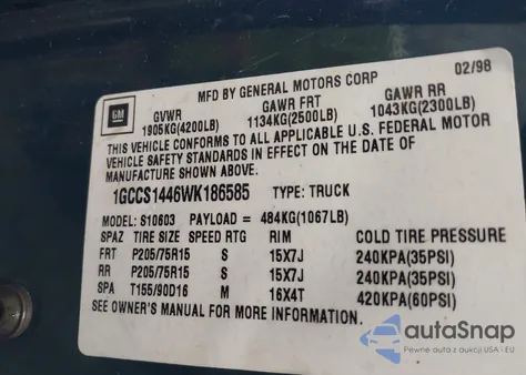 1998 Chevrolet S-10 Ls Fleetside из США, поврежденный, VIN 1GCCS1446WK186585